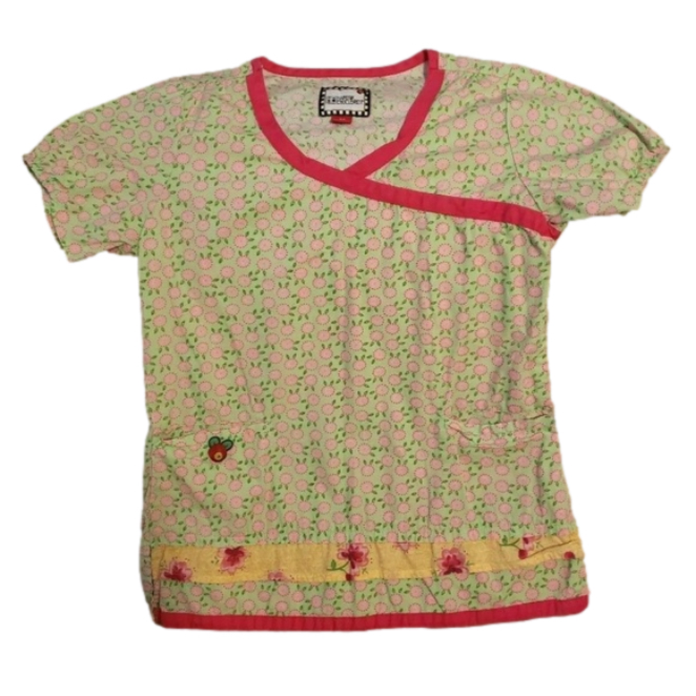 Mary Engelbreit Scrub Top Short Sleeve Green Pink Floral XS